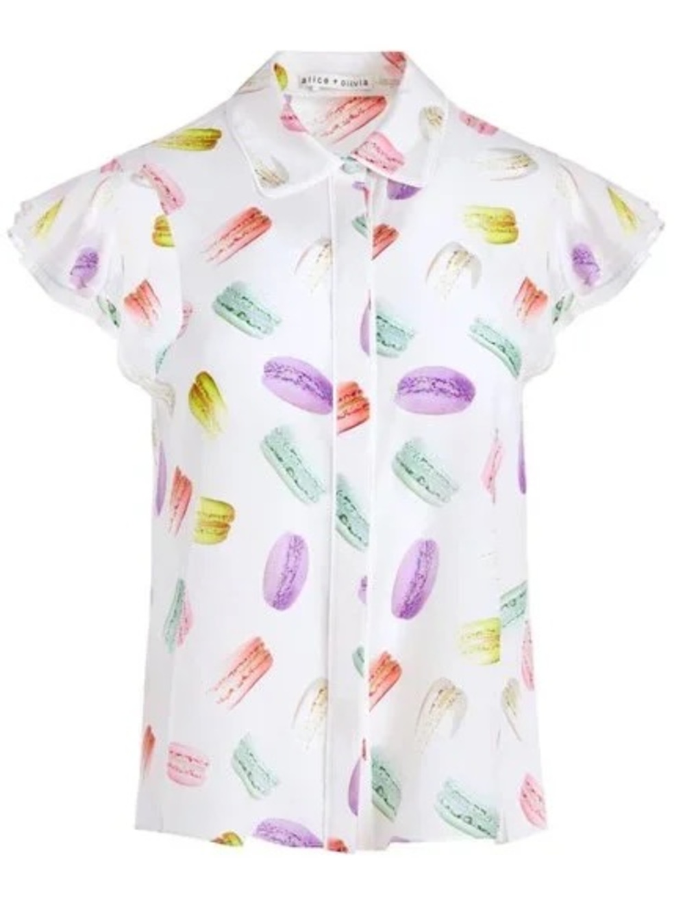Alice + Olivia Eli Flutter Sleeve Silk Blouse Sunday Macaroons Print Medium NWT